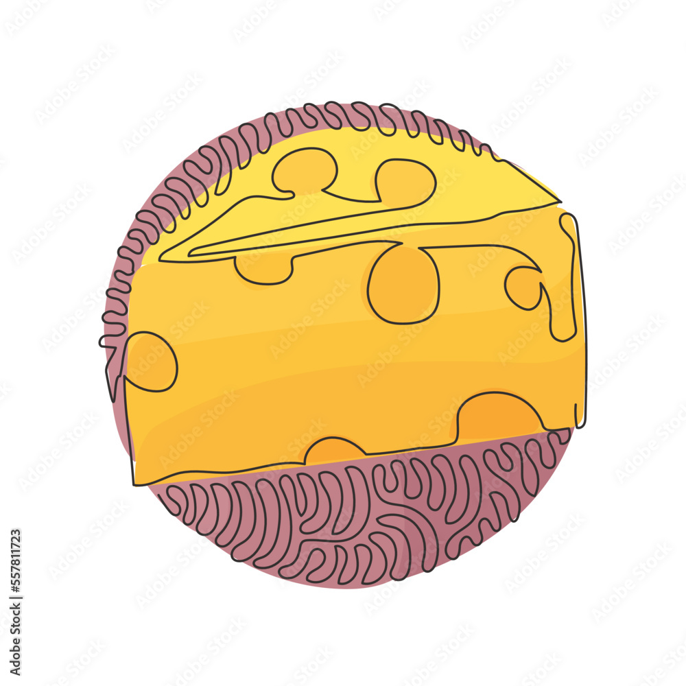 Poster single one line drawing cheddar cheese simple gradient logo with holes realistic triangle form. appe