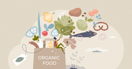 Food organics as fresh or healthy product consumption tiny person concept. Ecological nutrition purchase from local store for wide assortment meal preparation vector illustration. Bio eating lifestyle