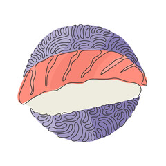 Single continuous line drawing traditional Japanese sushi, raw tuna or maguro rice ball. Menu in Japanese restaurant. Swirl curl circle background style. Dynamic one line draw graphic design vector