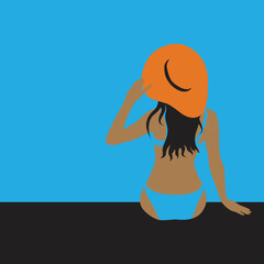 Modern Pop Art Woman Sitting By The Pool. Brown Skin. Dark Skin