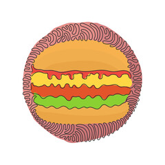 Single one line drawing hamburger, cheeseburger. Bun with cutlet, cheese, lettuce, tomato. Street fast food. Swirl curl circle background style. Continuous line draw design graphic vector illustration