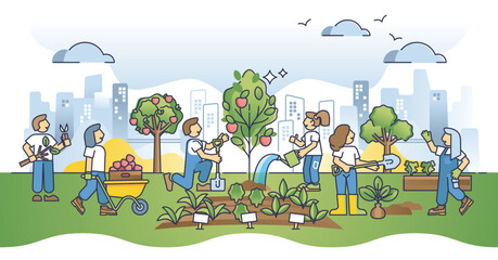 Community city garden and plants growing in urban environment outline concept. Planting vegetables, flowers or trees in flowerbeds as environmental and sustainable social activity vector illustration