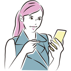 スマホの画面を指差し微笑む女性