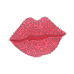 Continuous one line drawing beautiful red lips. Mark left after firm kiss is placed with bright lipstick. Kiss mark emoji. Swirl curl style. Single line draw design vector graphic illustration