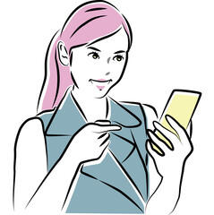 スマホの画面を指差し微笑む女性