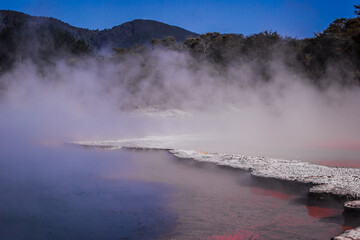 Rotorua Wai-o-Tapu Champaign pool weird and unique landscape, geothermal activity, volcanic landforms, hot pools and lakes North Island New Zealand