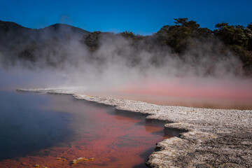 Rotorua Wai-o-Tapu Champaign pool weird and unique landscape, geothermal activity, volcanic landforms, hot pools and lakes North Island New Zealand