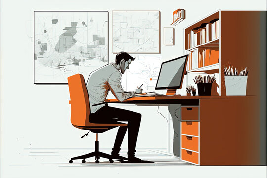 Illustration of a business man focus on doing tasks, flat illustration, employee, employer, office job, Generative AI