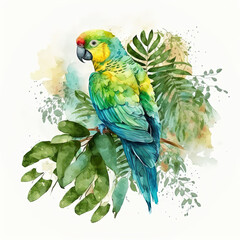 Watercolor parrot, with leaves around, generative AI