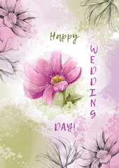 A greeting card with a wedding day or a wedding anniversary with a magnolia. Magnolia flowers on the background with the text happy wedding day