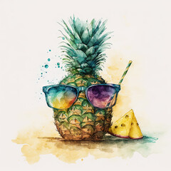 Watercolor pineapple in the beach with sunglass, Generative AI