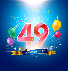 49th Anniversary with balloon, confetti, and blue background