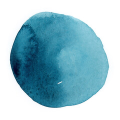 Round blue watercolor frame, circle shape form isolated on white background. Handmade technique