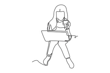 Continuous one line drawing happy girl using credit or debit card for online transaction through laptop. Cashless concept. Single line draw design vector graphic illustration.