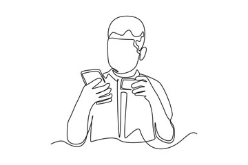 Continuous one line drawing happy boy using credit or debit card for online transaction through smartphone. Cashless concept. Single line draw design vector graphic illustration.