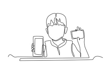 Continuous one line drawing happy boy using credit or debit card for online transaction through smartphone. Cashless concept. Single line draw design vector graphic illustration.