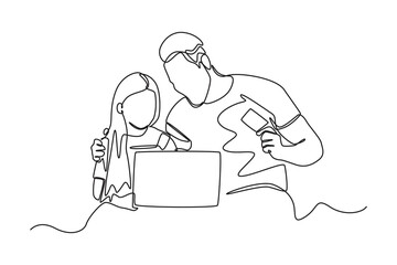 Continuous one line drawing girl assisted by her father to make online payment through laptop. Cashless concept. Single line draw design vector graphic illustration.
