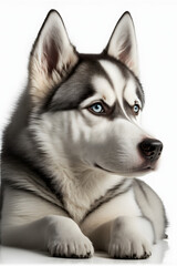 Fototapeta premium Husky dog laying down on a isolated white background, Generative AI