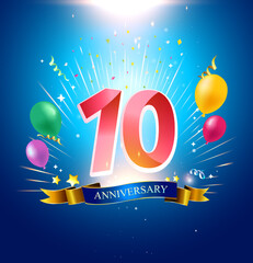 10th Anniversary with balloon, confetti, and blue background