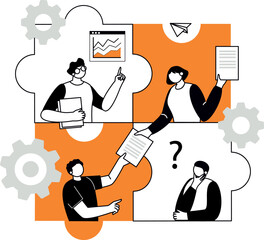The concept of joint teamwork, building a business team. Vector illustration of working characters, people connecting pieces of puzzles. Metaphor of cooperation and business partnership.
