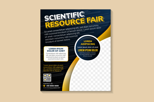 Flyer template design with headline is scientific resource fair. Space of photo collage. diagonal rectangle and circle pattern. Advertising banner with vertical layout. black blue gradient background.
