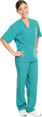 Medical nurse isolated in full body length in green scrubs on pure white background. Multiracial...