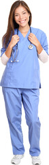 Doctor. Full length portrait of young female surgeon doctor or nurse with stethoscope around neck standing isolated on white background. PNG, transparent isolated cutout, Can be superimposed on other  - 557818540