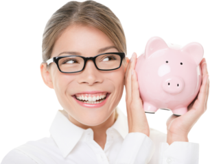 Glasses woman saving on eyewear showing piggy bank smiling happy. Young casual professional business woman holding savings from glasses sale. Young mixed race Caucasian / Asian Chinese female model. P