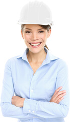 Architect engineer or entrepreneur business woman. Portrait of smiling happy proud and confident young female multiracial Asian Chinese / Caucasian female professional wearing white hard hat PNG