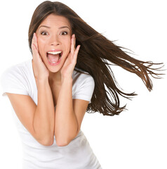 Surprised excited happy screaming woman isolated. Cheerful girl winner shocked over winning with funny joyful face expression. Multiracial Asian Chinese / Caucasian model isolated on white background. - 557818597