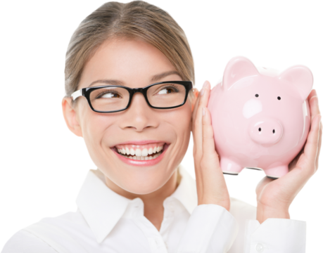 Glasses woman saving on eyewear showing piggy bank smiling happy. Young casual professional business woman holding savings from glasses sale. Young mixed race Caucasian / Asian Chinese female model. P