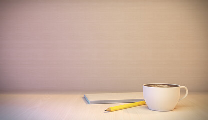 white coffee cup on wooden table, 3d illustration rendering