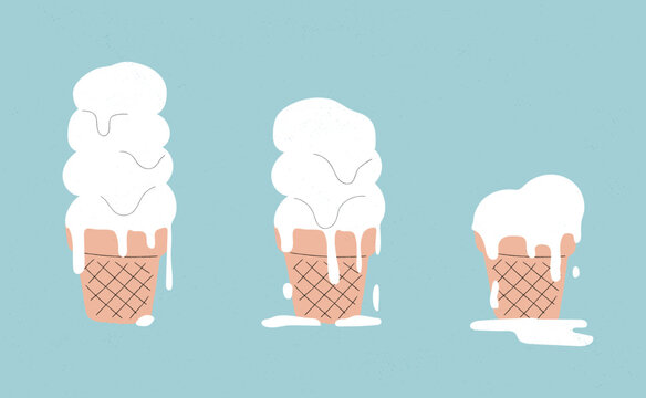 Ice cream melting in three steps. Animation sequence. Set of Dripping white ice cream. flowing down ice cream balls in the waffle cone. Flat vector illustration. Hand drawn style with texture.