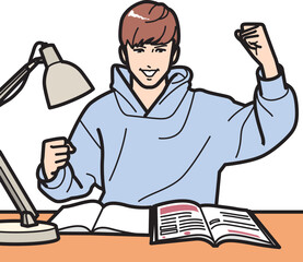 勉強、やる気、ガッツポーズの男子