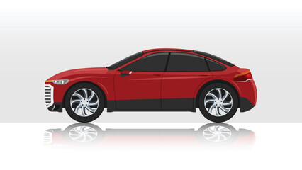 Fototapeta na wymiar Concept vector illustration of detailed side of a flat red car. with shadow of car on reflected from the ground below. And isolated white background.