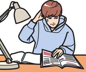 勉強に苦闘する男子