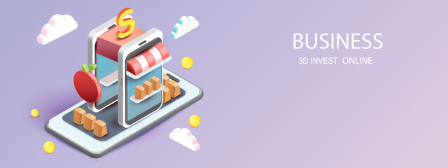 3d vector isometric render online shopping with phone using tags promotion or cash for banner. online pass smartphone .shop purchase basket retail store on e-commerce 