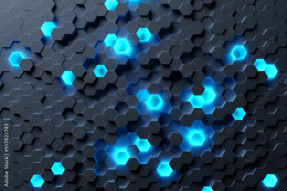 Poster abstract hexagonal background with depth of field effect, 3d illustration. a large number of multi-c