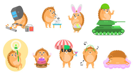 Set Abstract Collection Flat Cartoon Different Animal Hedgehogs Vector Design Elements Fauna Wildlife