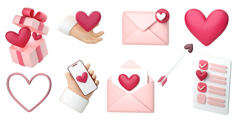3d romantic collection icons set. Hearts, love letters and gifts. Concept of love day, Valentines day, social media likes, wedding event. 3d high quality render isolated