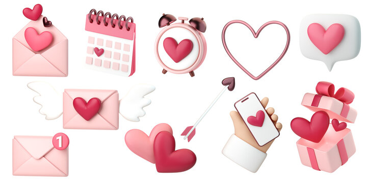 3d romantic collection icons set. Hearts, love letters and gifts. Concept of love day, Valentines day, social media likes, wedding event. 3d high quality render isolated