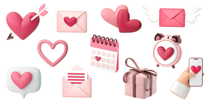 3d romantic collection icons set. Hearts, love letters and gifts. Concept of love day, Valentines day, social media likes, wedding event. 3d high quality render isolated