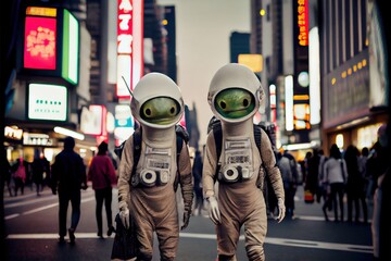 Alien tourists on vacation in Tokyo, Japan - Extraterrestrials visit planet Earth on an intergalactic leisure trip. Generative AI image  - obrazy, fototapety, plakaty