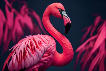 bright pink flamingo - a bright flamingo bird in pink studio background made by generative AI. Regal and peaceful bird standing  - obrazy, fototapety, plakaty