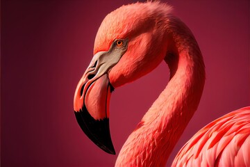 Fototapeta premium bright pink flamingo - a bright flamingo bird in pink studio background made by generative AI. Regal and peaceful bird standing 