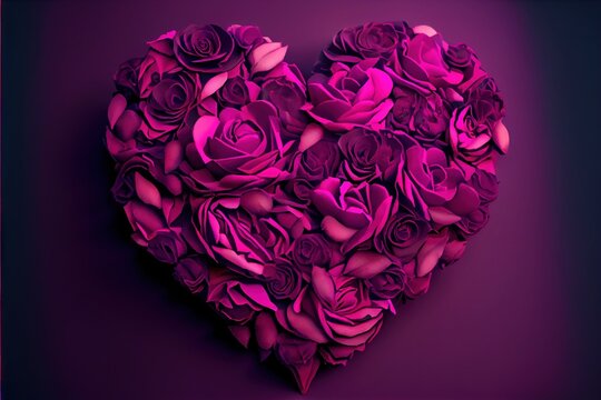 Magenta Rose Heart - 3D generative AI image of a heart made of flowers to celebrate Valentine's Day 2023. February holiday celebration of love, romance, and caring with a modern look and feel