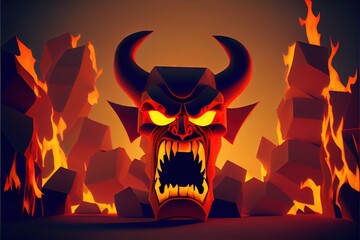Satan in Hell - The devil is a red demon living in the hellish underworld of Catholic religions. This character is made by generative AI to represent beelzebub, the prince of darkness himself - obrazy, fototapety, plakaty
