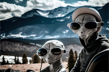 Alien tourists on vacation in the Colorado Rocky Mountains - Extraterrestrials visit planet Earth on an intergalactic leisure trip. Generative AI image  - obrazy, fototapety, plakaty