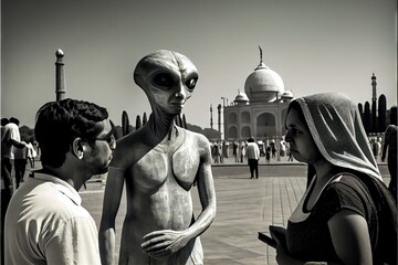Alien tourists on vacation in India - Extraterrestrials visit planet Earth on an intergalactic leisure trip. Generative AI image  - obrazy, fototapety, plakaty