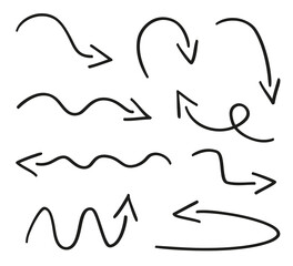 Infographic elements on isolated white background. Hand drawn simple arrows. Line art. Set of different pointers. Abstract indicators